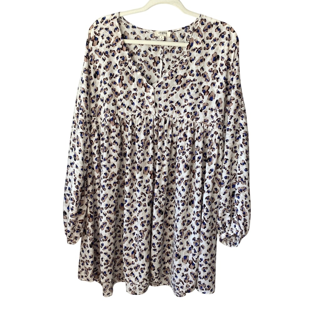 Umgee Womens Abstract Leopard Print Babydoll Tunic Top Blue Brown‎ V-Neck Medium
